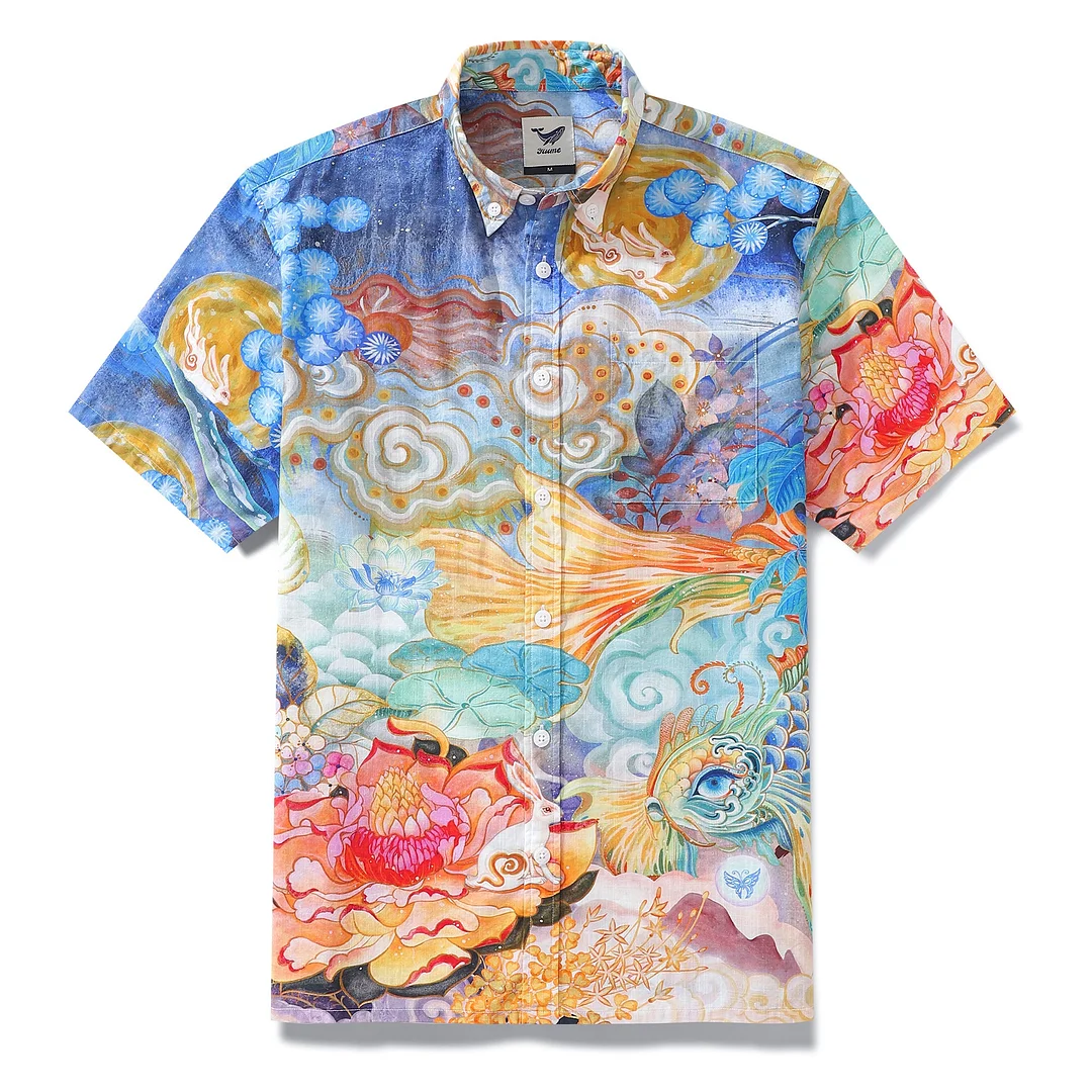 Men's Hawaiian Shirt Cloud-wandering Koi Print Cotton Button-down Short Sleeve Aloha Shirt