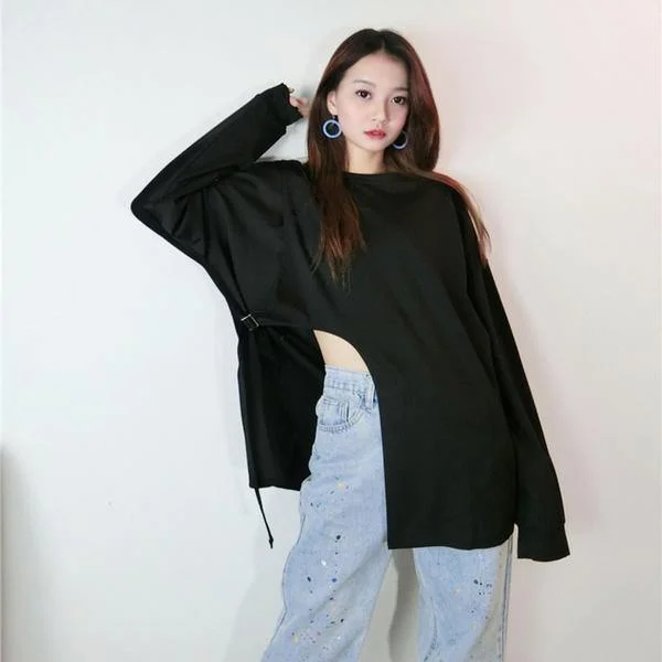 New Women Hollow Out Split Pleated Full Sleeve Drawstring 2020 Winter Loose Tee Top