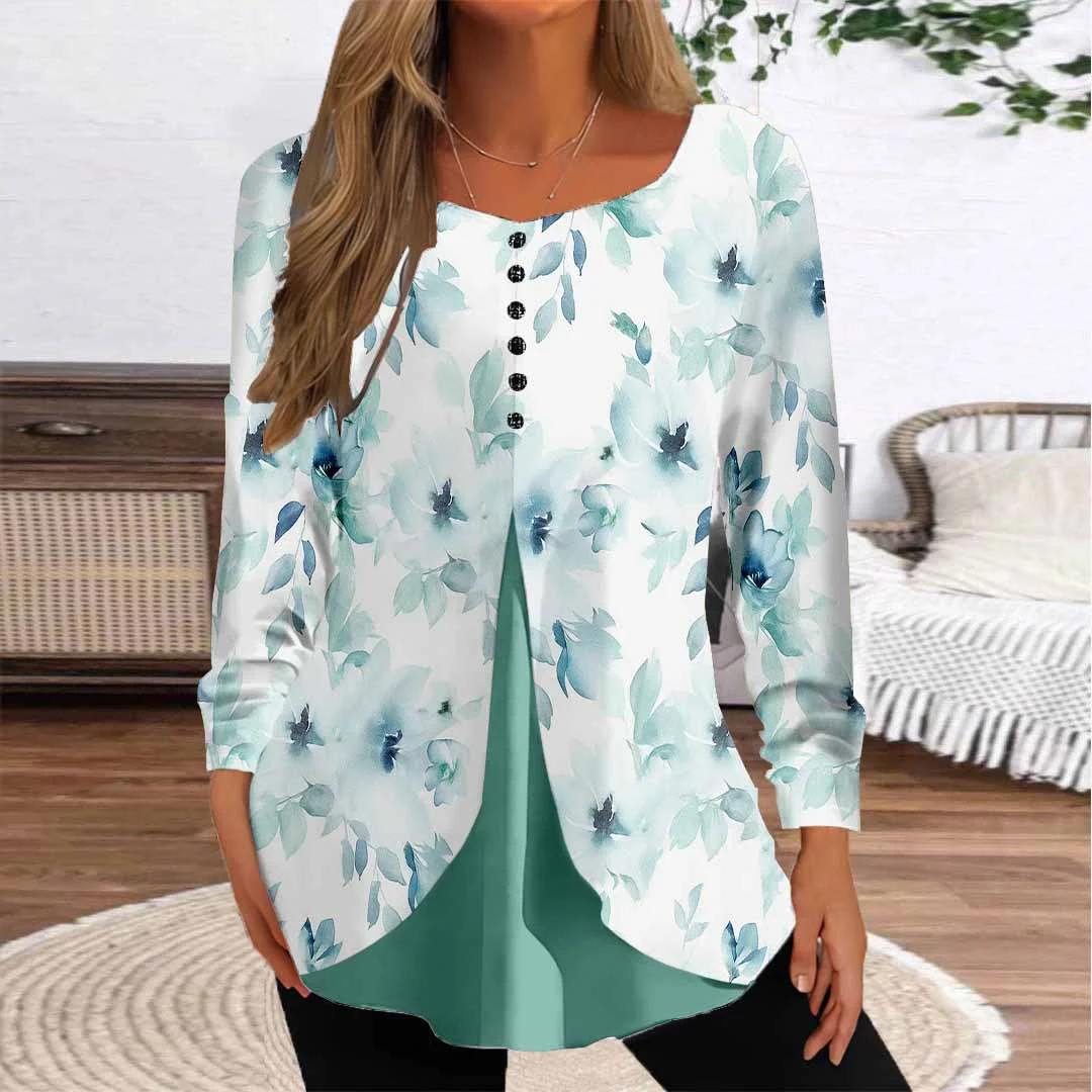 Women Floral,Blue DZGG8283 Long Sleeve Scoop Neck Printed Graphic Button Fake 2in1 Tops