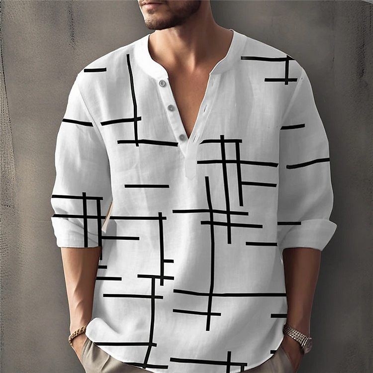 Men's Casual Geo Pattern Buttons Long Sleeve Half Placket Shirt
