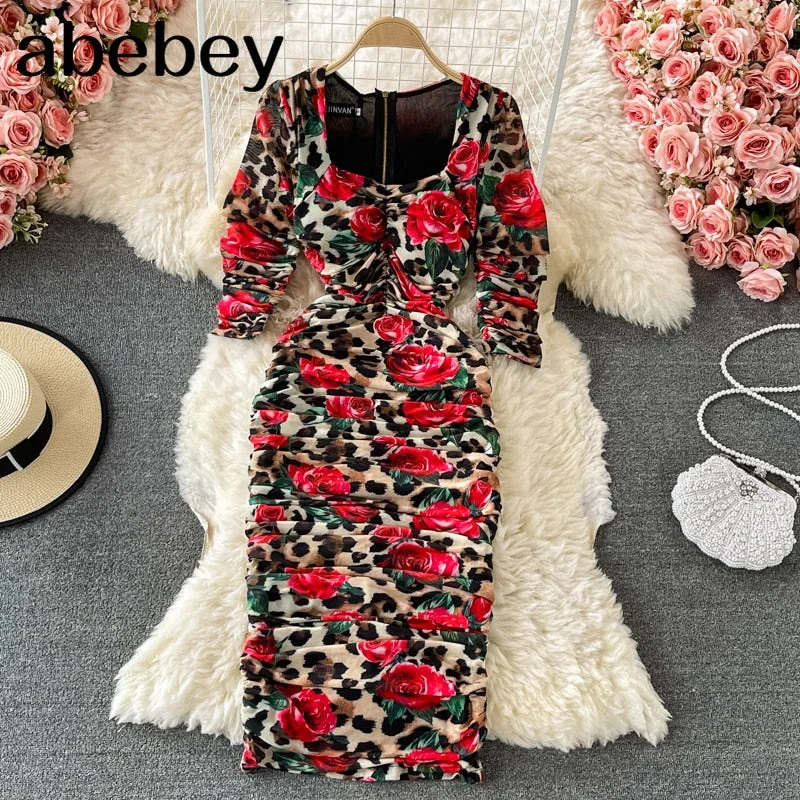 2023 New Summer Vintage square collar long sleeve Dress high waist pleated design leopard rose print mid-length wrap Dress