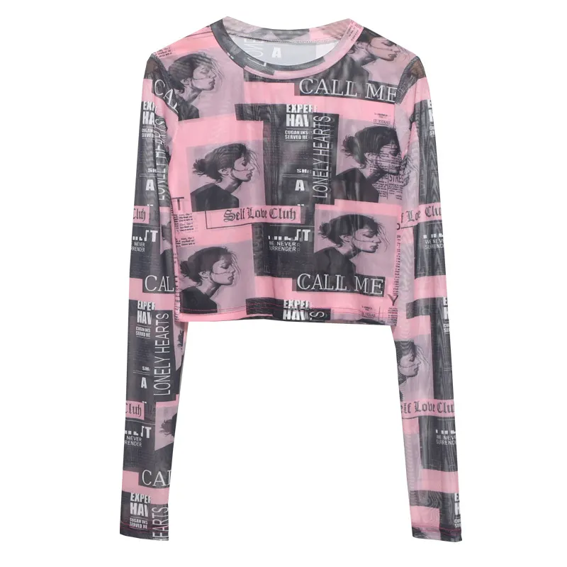 Churchf Real Shooting Front Double-Layer Tie-Dye Printing Mesh Long-Sleeved Top Short High-Waisted T-Shirt T-Shirt 8960