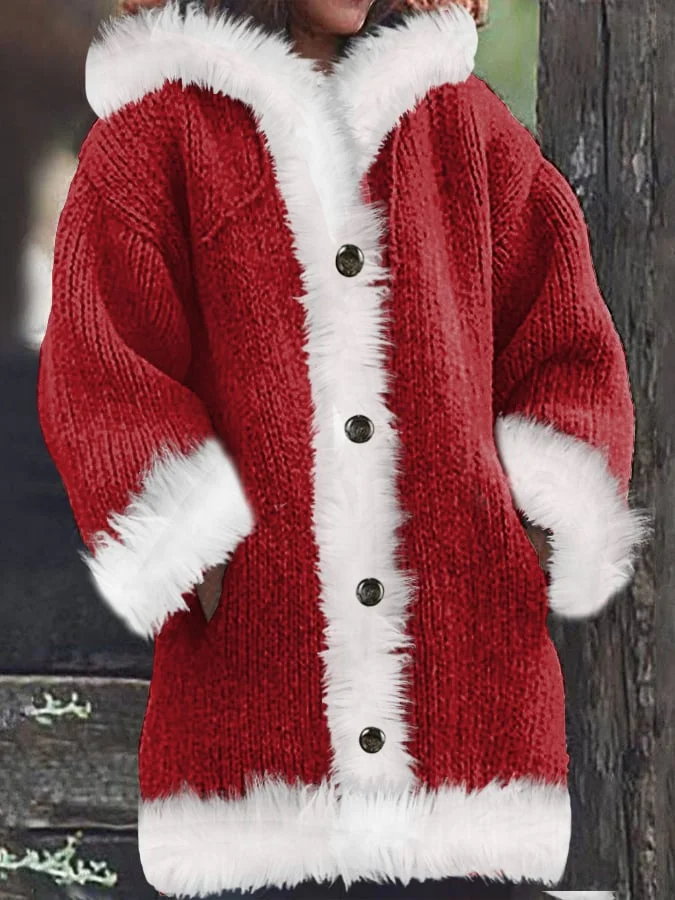 Women's Christmas Textured Fur Collar Coat