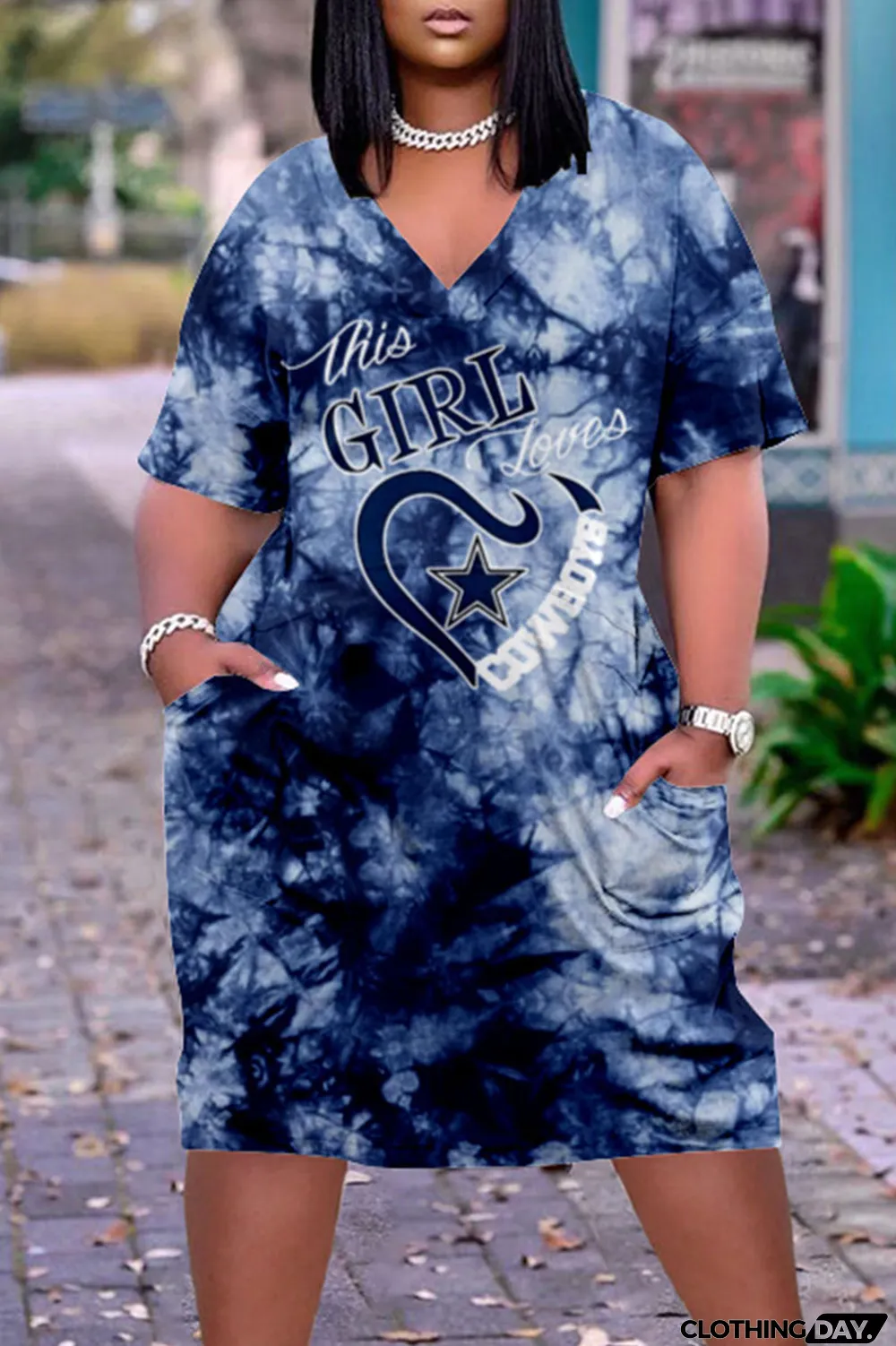 Blue White Casual Print Patchwork V Neck Straight Dresses