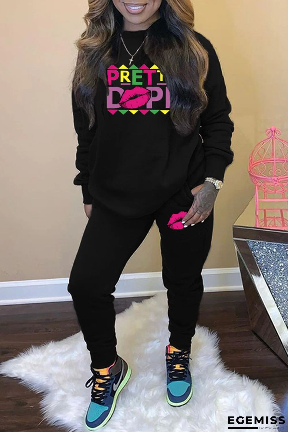 Black Casual Print Patchwork O Neck Long Sleeve Two Pieces | EGEMISS