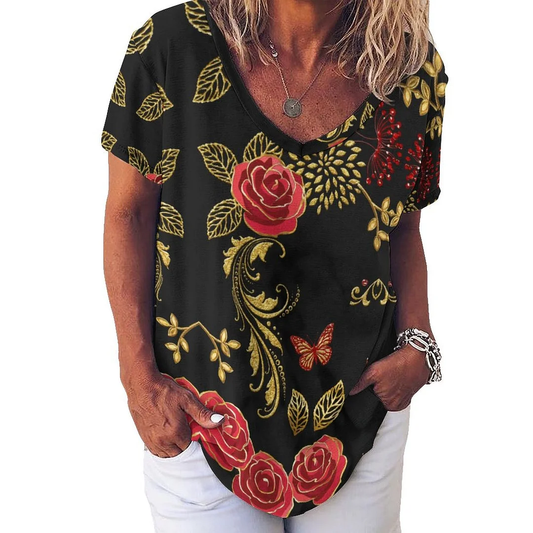 V-neck Short Sleeve Casual T-shirt for  Women Printed with Pattern Floral, Black, Rose, Red
