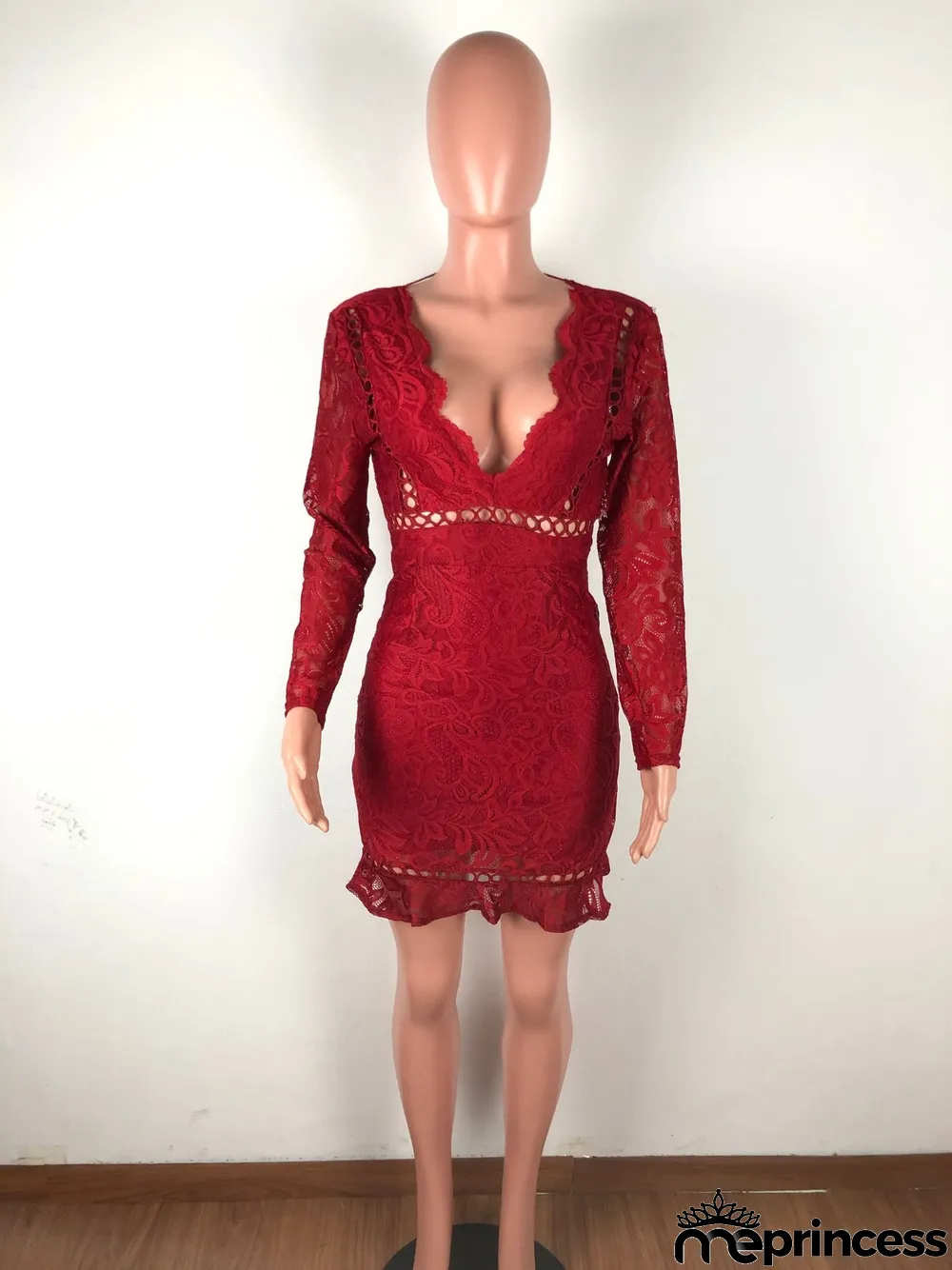 Sexy Lace Deep V Neck Long Sleeve Slim Mini Dress