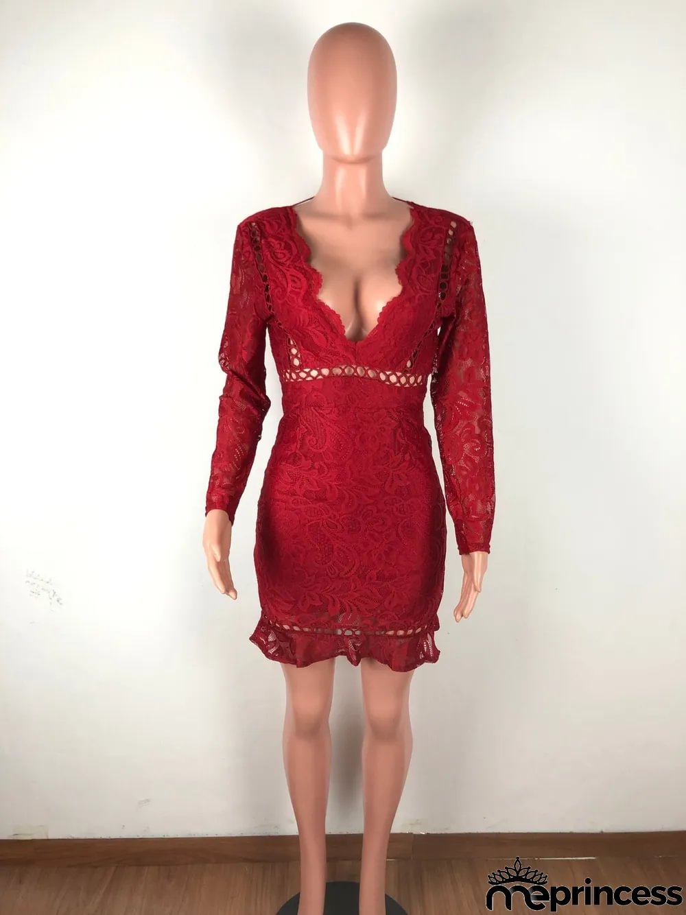 Sexy Lace Deep V Neck Long Sleeve Slim Mini Dress
