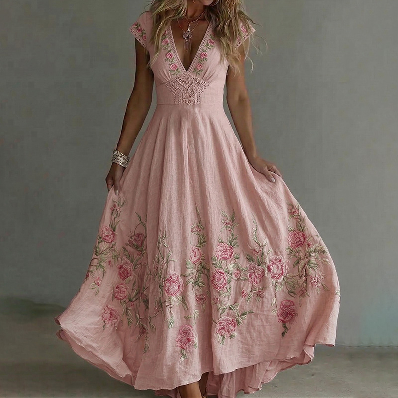Women's Vintage Rose Floral Art Flowy Linen Blend Maxi Dress elevenforest