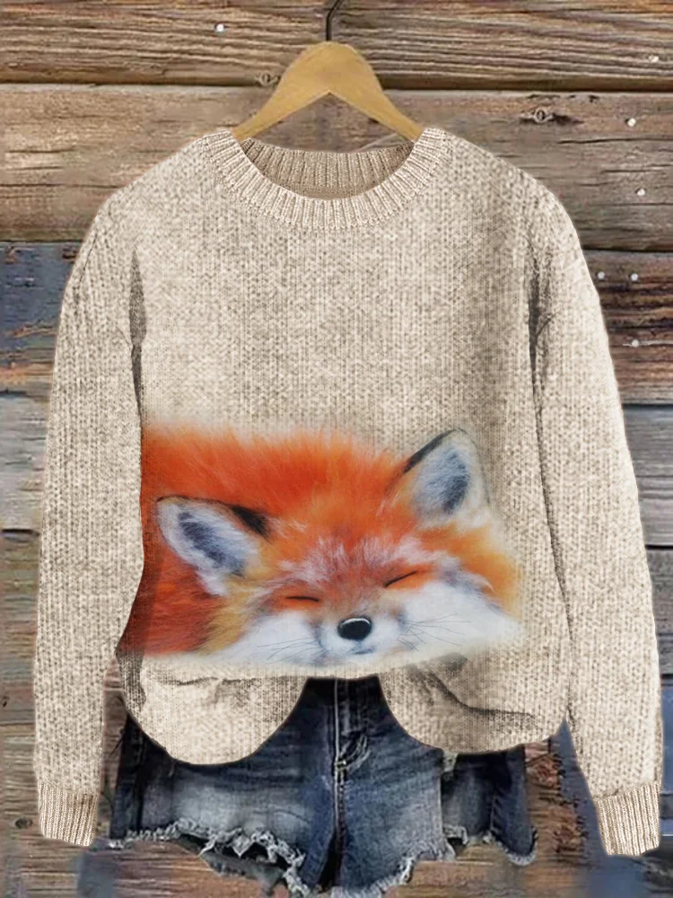 Sleeping Fuzzy Fox Wool Art Kuscheliger Strickpullover