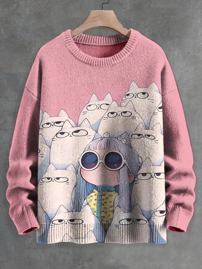 Men's Cute Girl Among White Cats Print Knit Sweatshirt