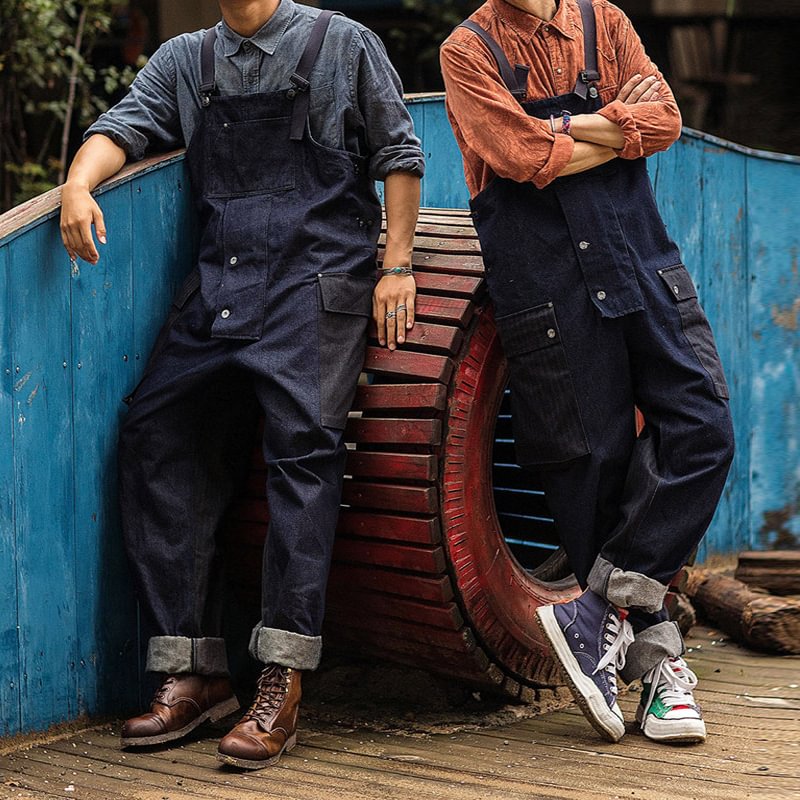 Vintage Colorblock Casual Cargo Overalls