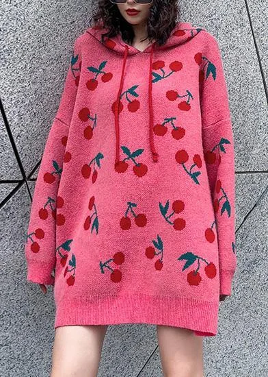 Street Style Pink Hooded Cherry Print Long Sleeve Sweater Dress