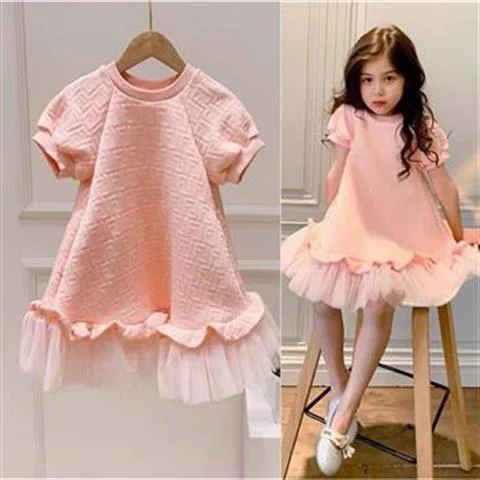 Girls' Pink Fashion Mesh Stitching Short-sleeved Dress Girls Clothes 2 Year Old Baby Girl Clothes Kids Dresses for Girls