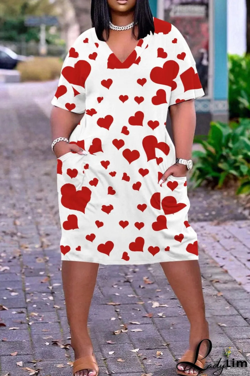 White Pink Fashion Casual Plus Size Print Split Joint V Neck Short Sleeve Dress