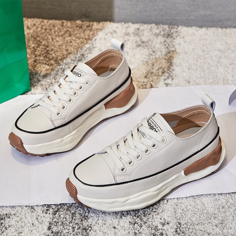 5cm Genuine Leather Platform Wedge Shoes Chunky Sneaker White Casual Comfortable Breathable Spring Autumn Vulcanized Shoes
