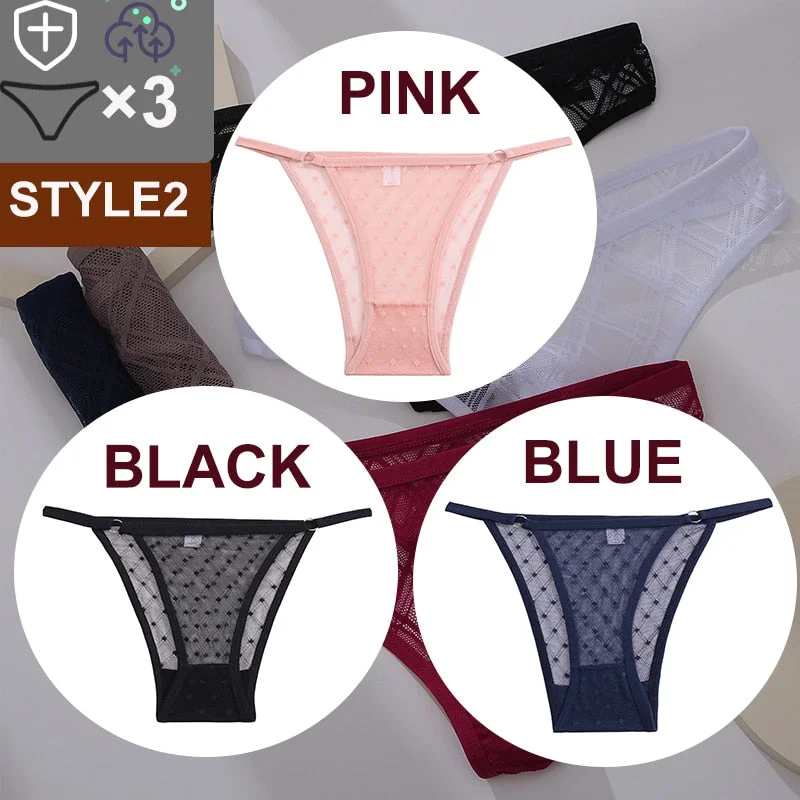 FINETOO 3PCS/Set Sexy Floral Transparent Women Thongs G-string Lingerie Lace Panties Low-Waist Femme Girls Briefs Mesh Pantys