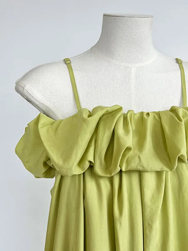 Long Sleeves Pleated Solid Color Split-Joint Off-The-Shoulder Maxi Dresses