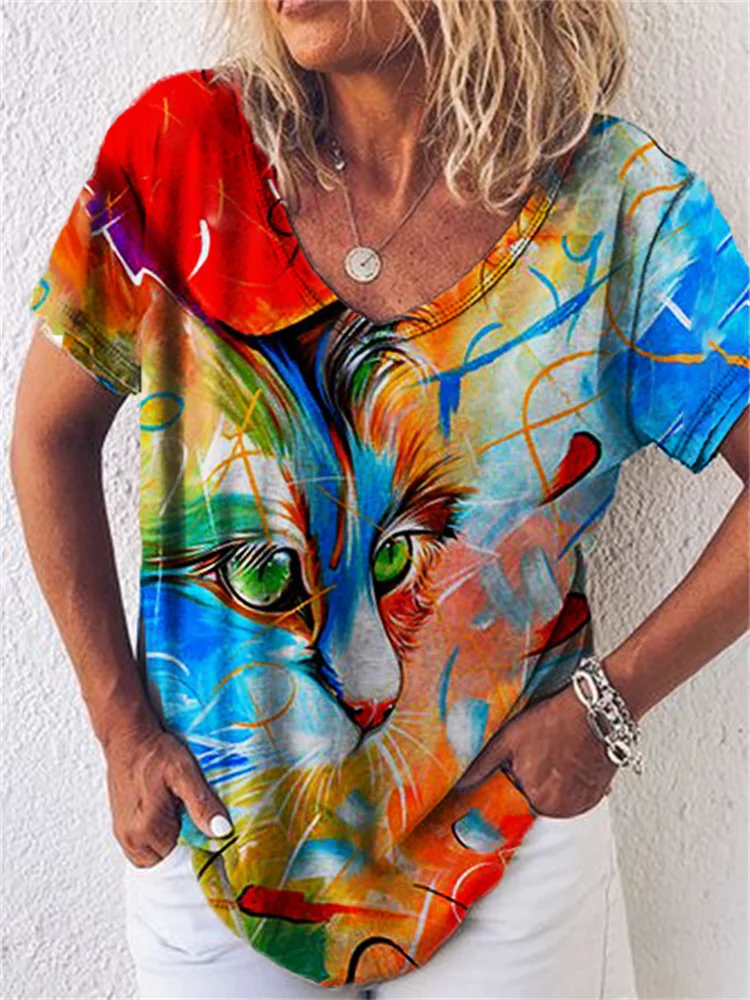Abstract Cat Art V Neck T Shirt