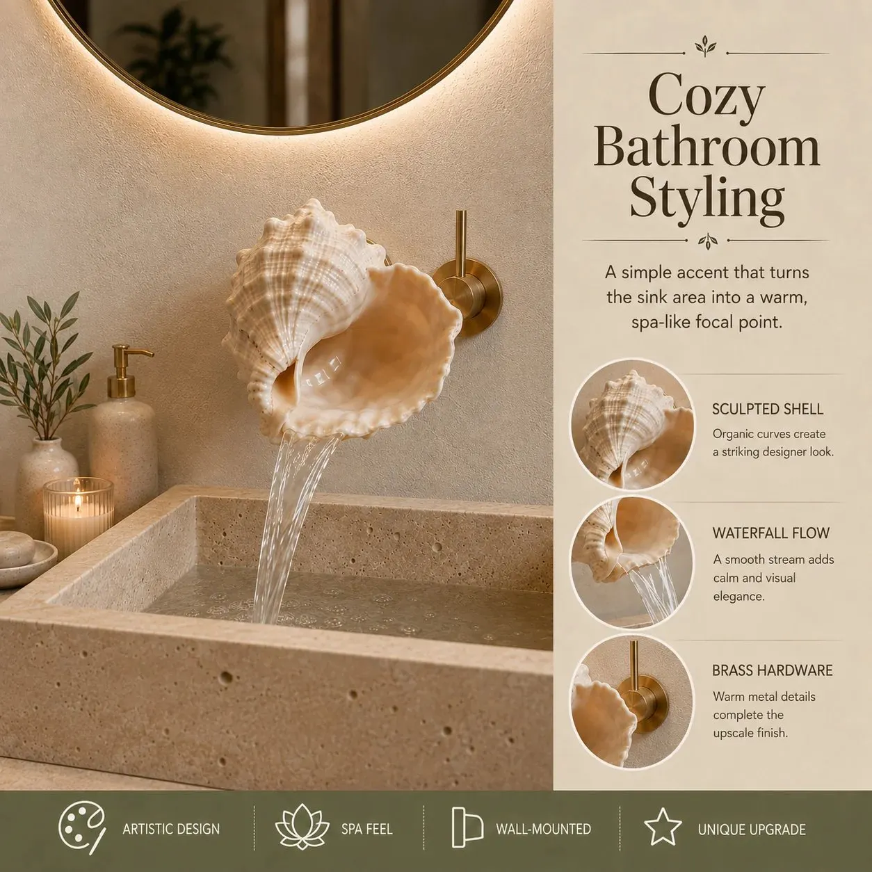 Brass hardware detail on shell faucet