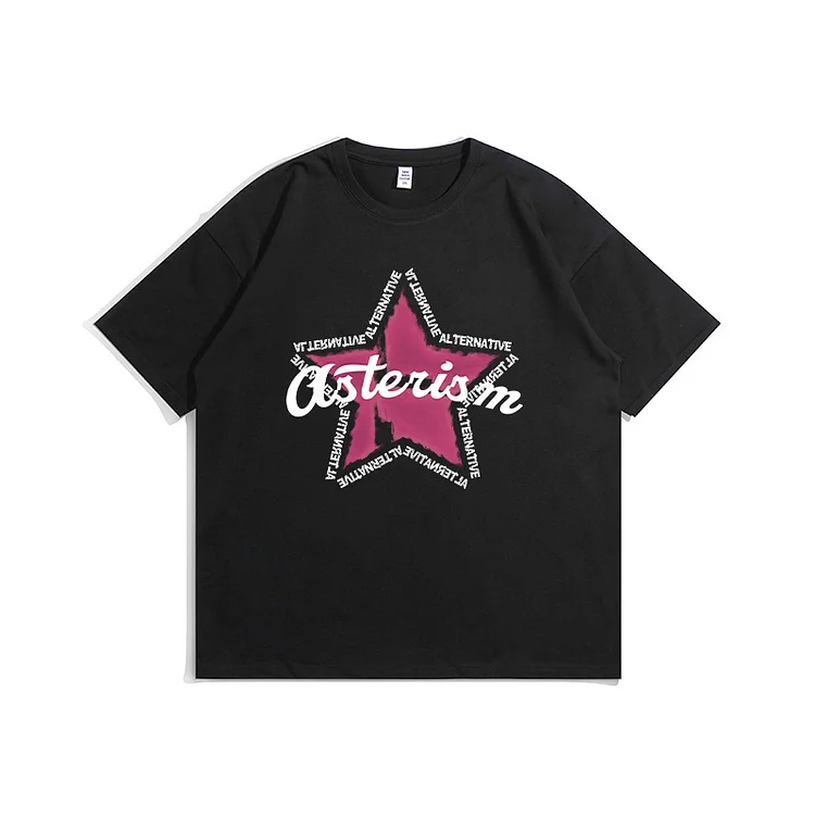 Star Print Short-Sleeved T-Shirt Men's Street Trend Hip-Hop Loose T-Shirt at Hiphopee