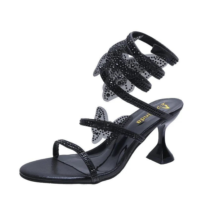 Tanguoant Tanguoant Shape Winding Water Diamond Sandal Female 2023 New One Word With Fine Heel Roman Sandals Fashion Net Red Fairy Wind Shoes