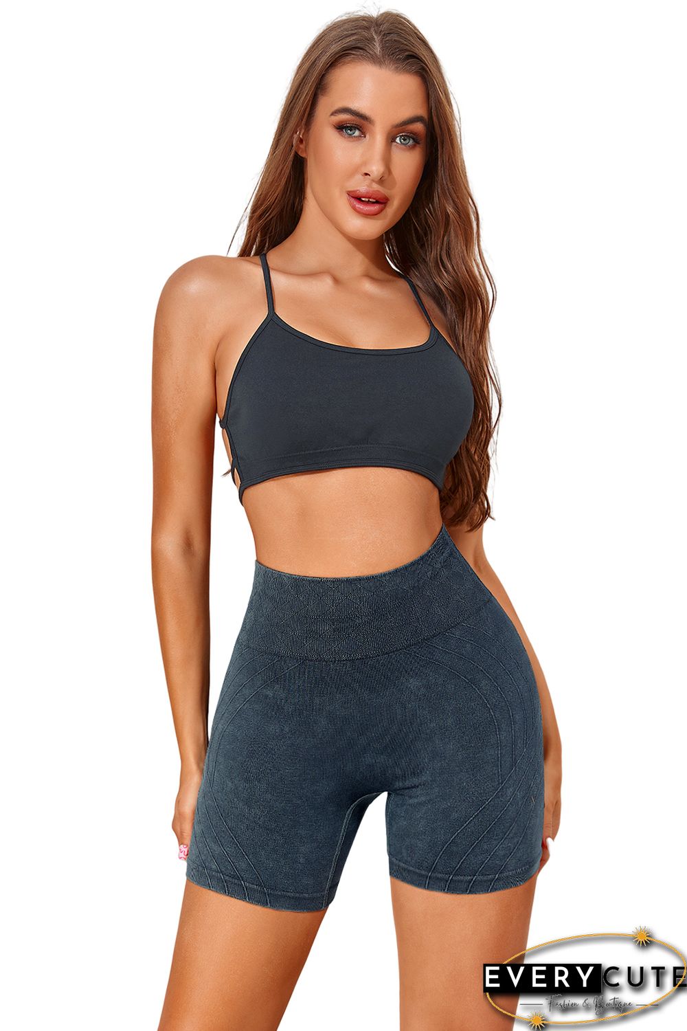 Black Vintage Wash Patterned High Waist Athleisure Shorts