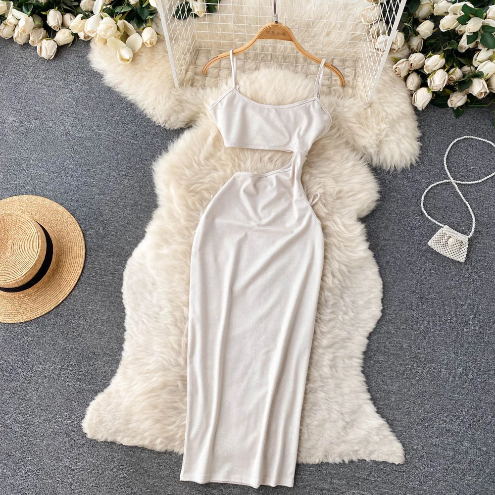 Cartoonh French Hollow Out Camis Dress Off Shoulder Backless Bodycon Dress Women Fashion Streetwear Summer Sexy Midi Long Dress