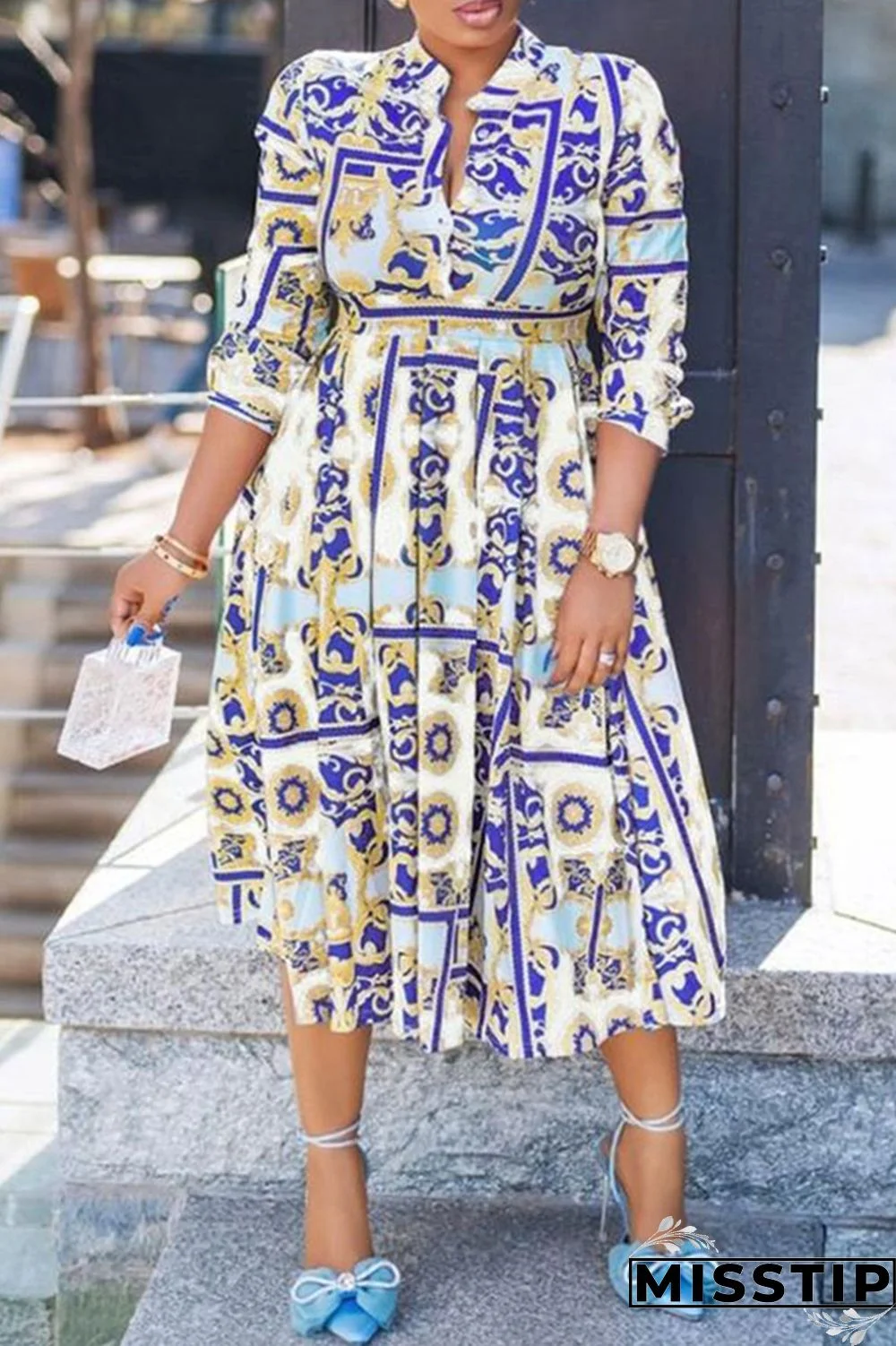 Blue Fashion Casual Print Basic V Neck Long Sleeve Dresses