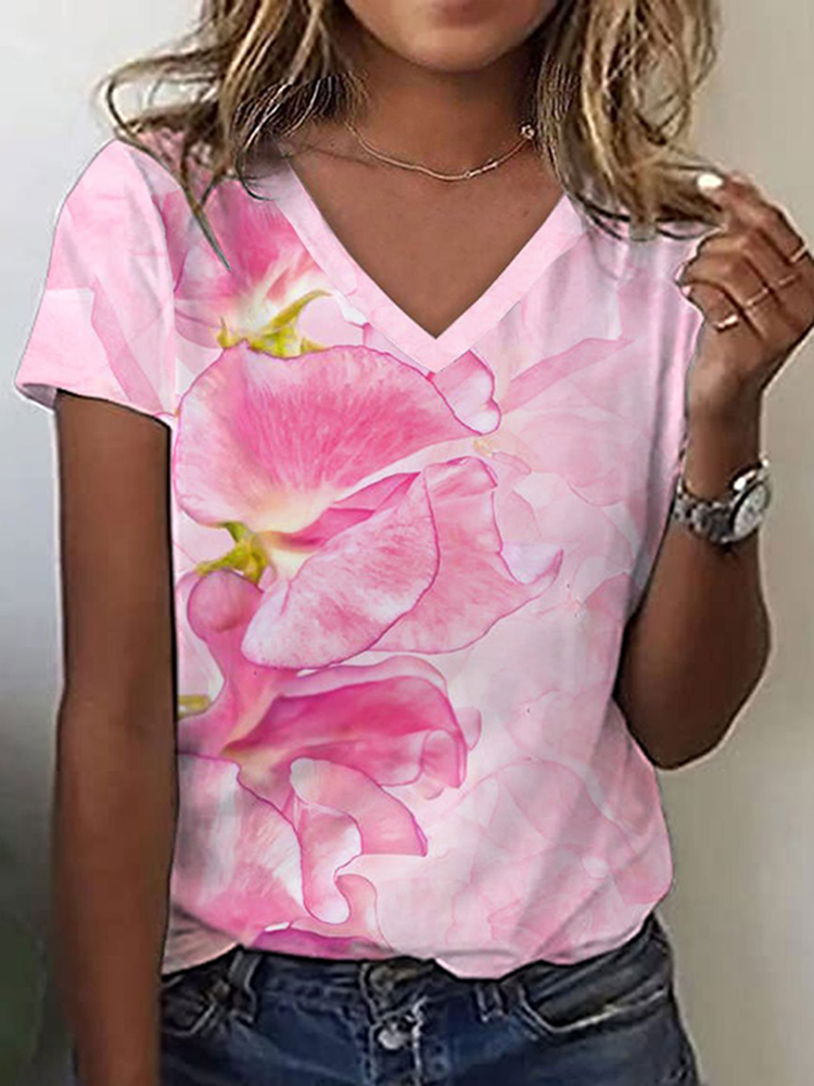 Comstylish Womens Breast Cancer Pink Floral Print V Neck Tee