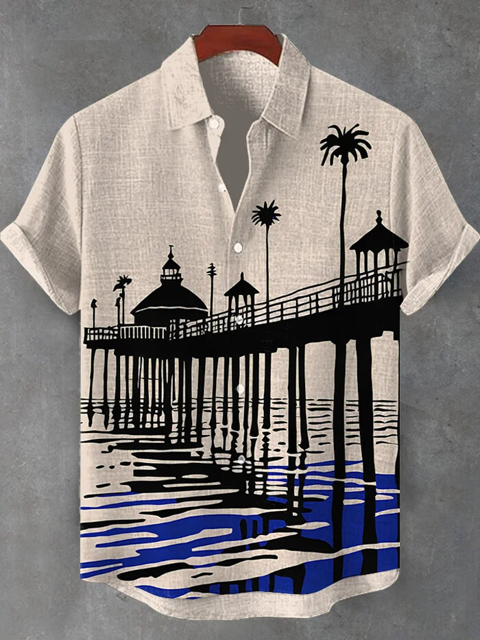 Men's Ink Painting Vintage California Landscape Art Print Short Sleeve Shirt