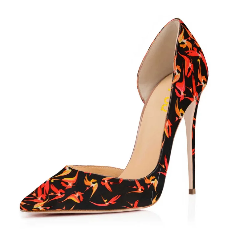 Floral Heels Pointy Toe Vegan Suede D'orsay Pumps Stiletto Heels |FSJ Shoes