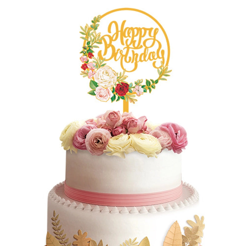 Acrylic Cake Topper Ins Style Floral Uv Color Printing Happy Birthday Dessert Decoration Plugin