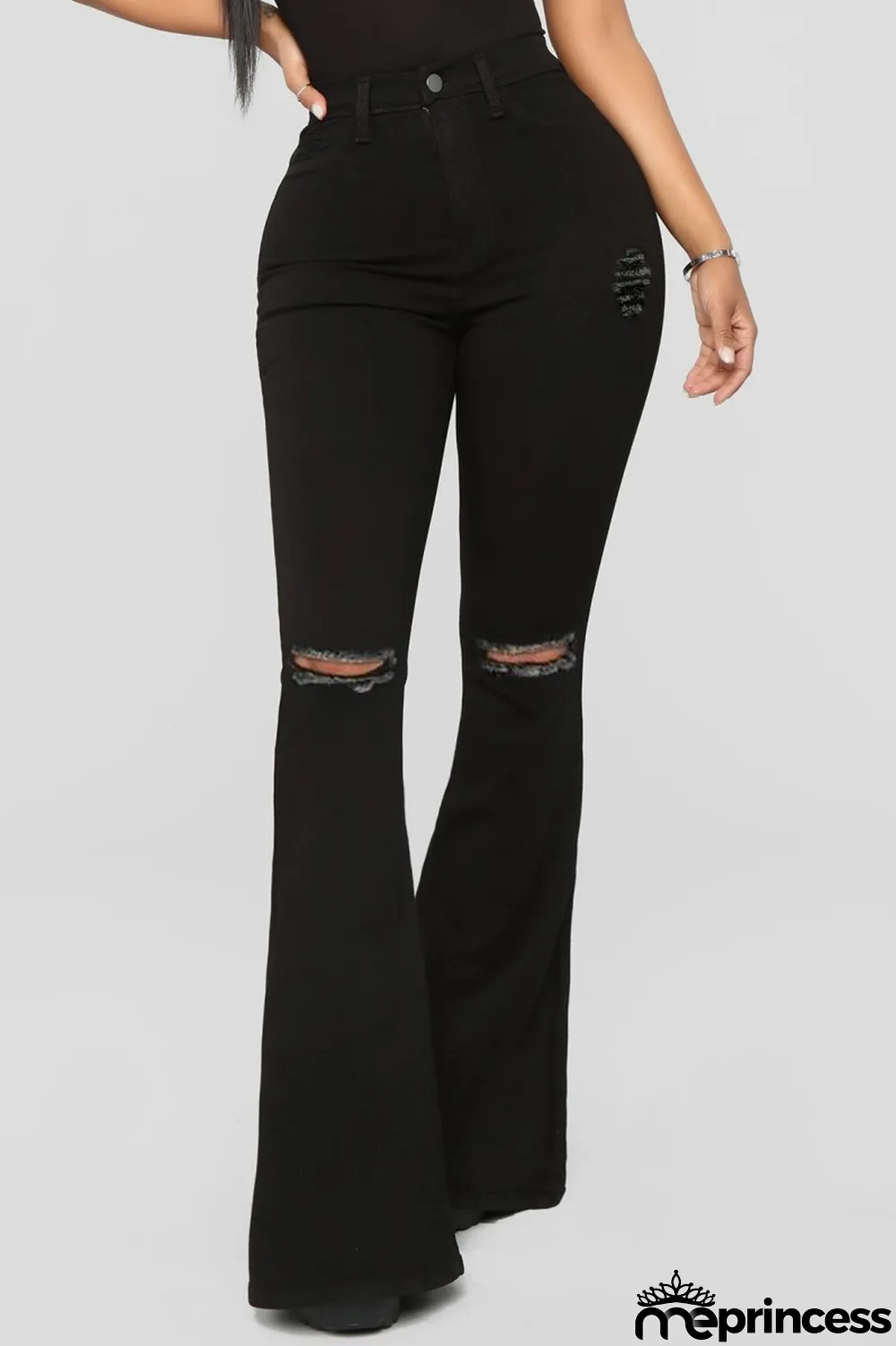 Black Casual Solid Ripped High Waist Boot Cut Denim Jeans