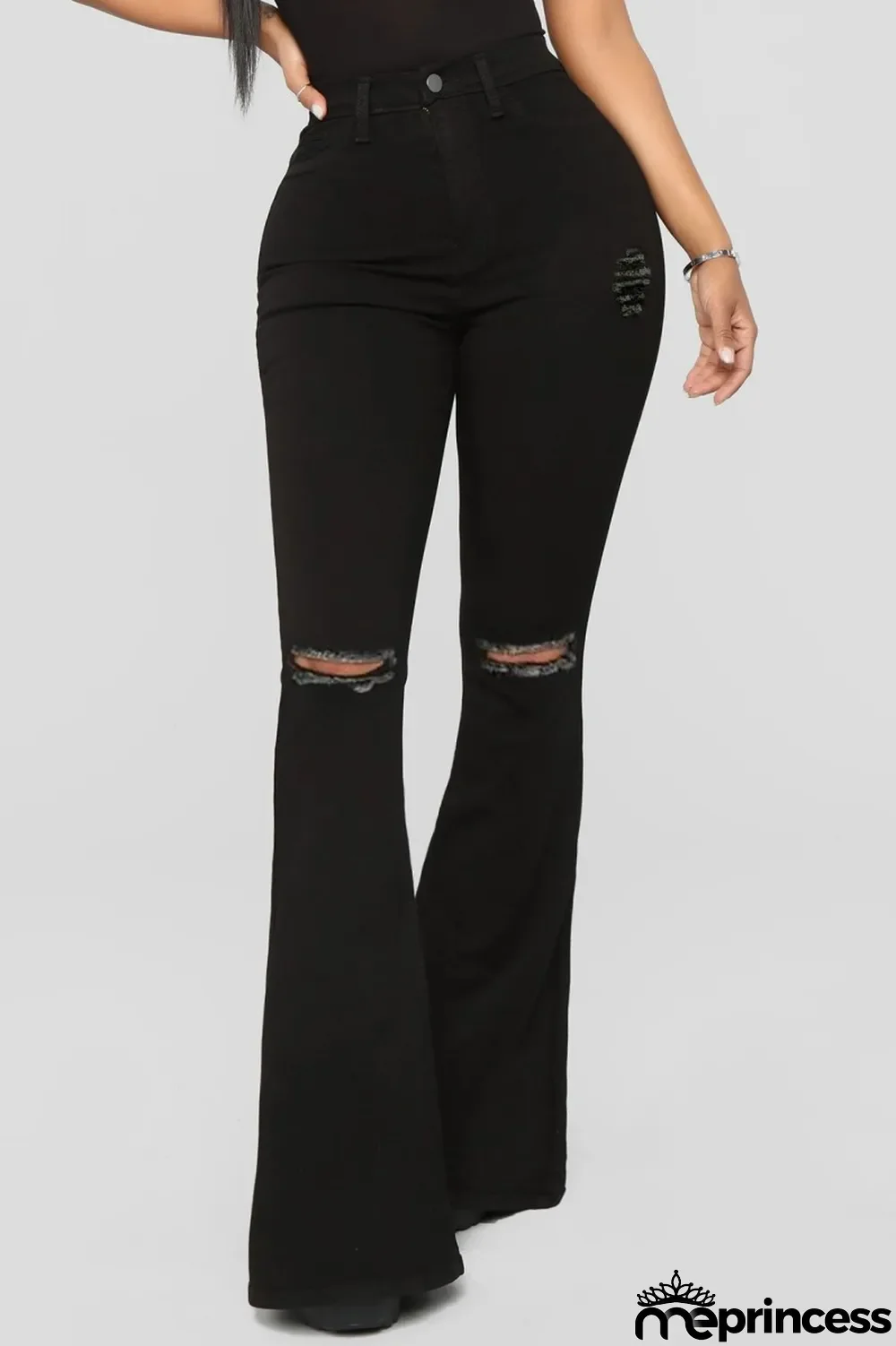 Black Casual Solid Ripped High Waist Boot Cut Denim Jeans