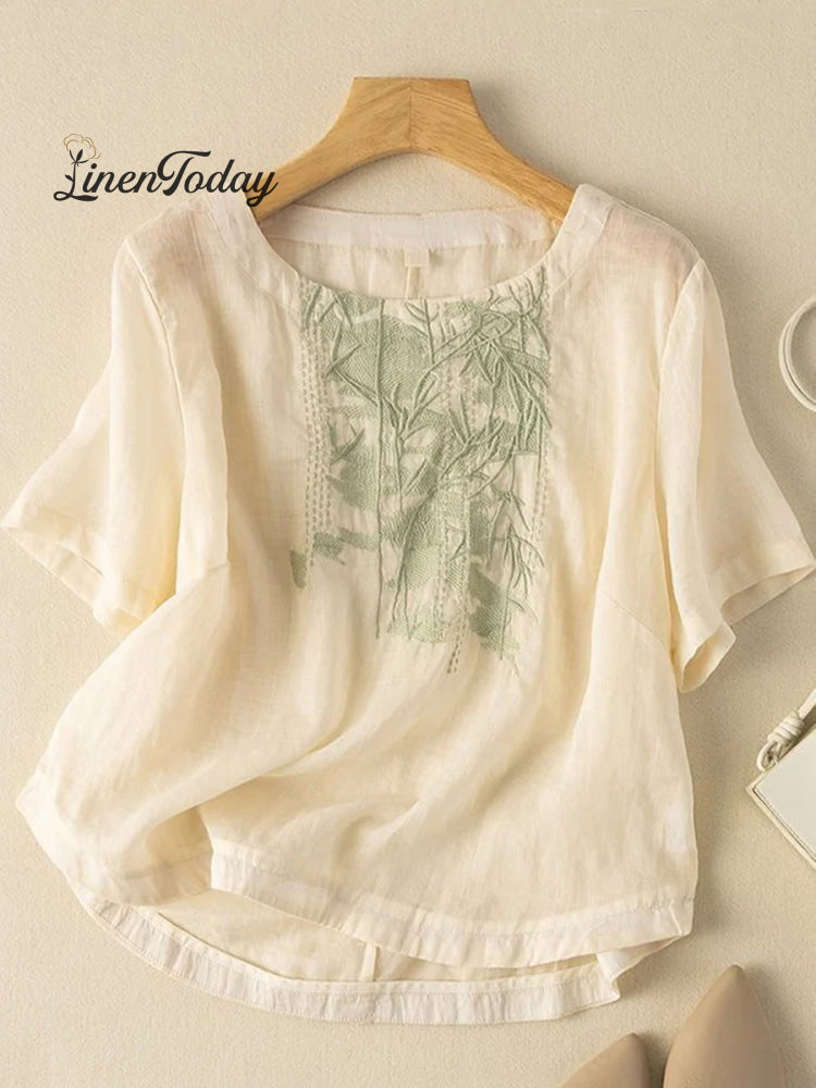 Women’s Cotton And Linen Heavy Industry Embroidered Tops Khaki / M
