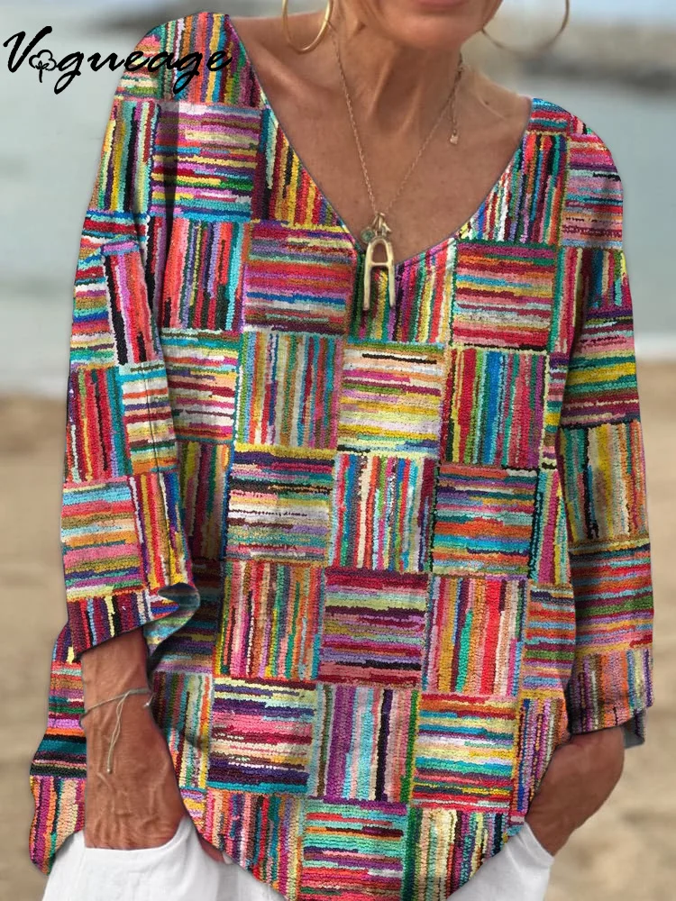 Fashionable Old Color Oil Painting Color Block Lines 3/4 Sleeves Printed Cotton And Linen Shirt