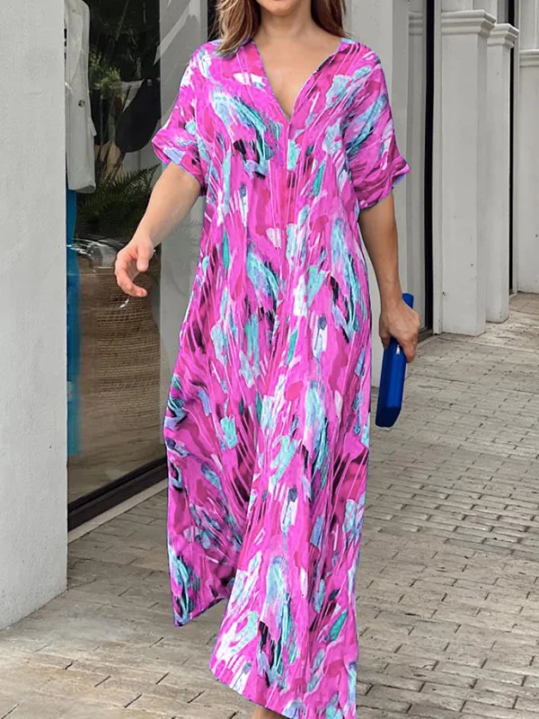 Printed Multi-Colored Short Sleeves Loose V-neck Maxi Dresses