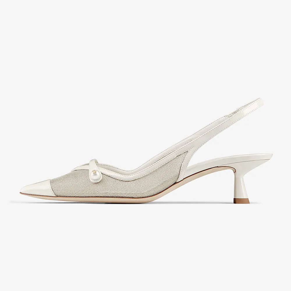 White Patent Leather & Mesh Pointed Toe Slingback Kitten Heel Pumps