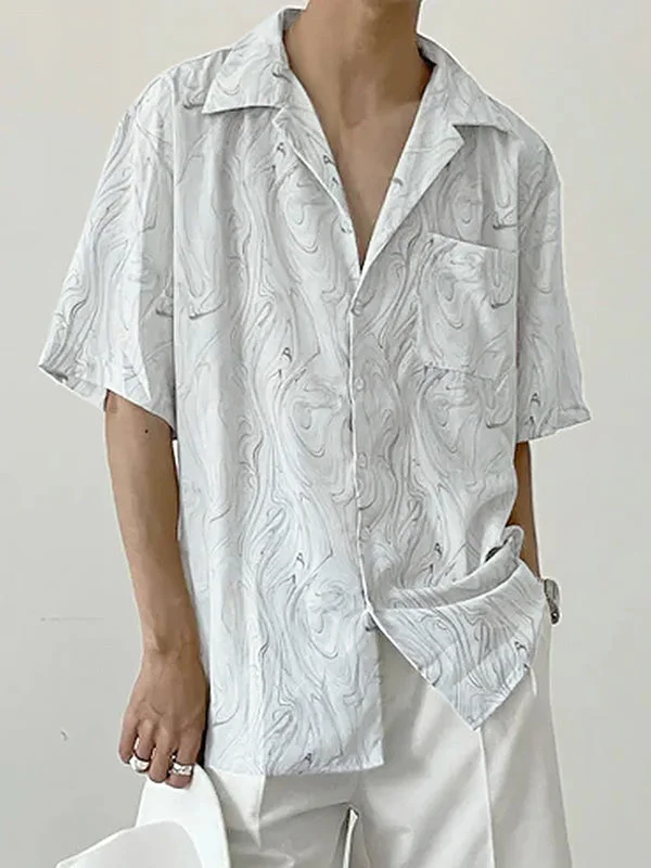 Aonga - Mens Wave Print Short Sleeve Loose Shirt