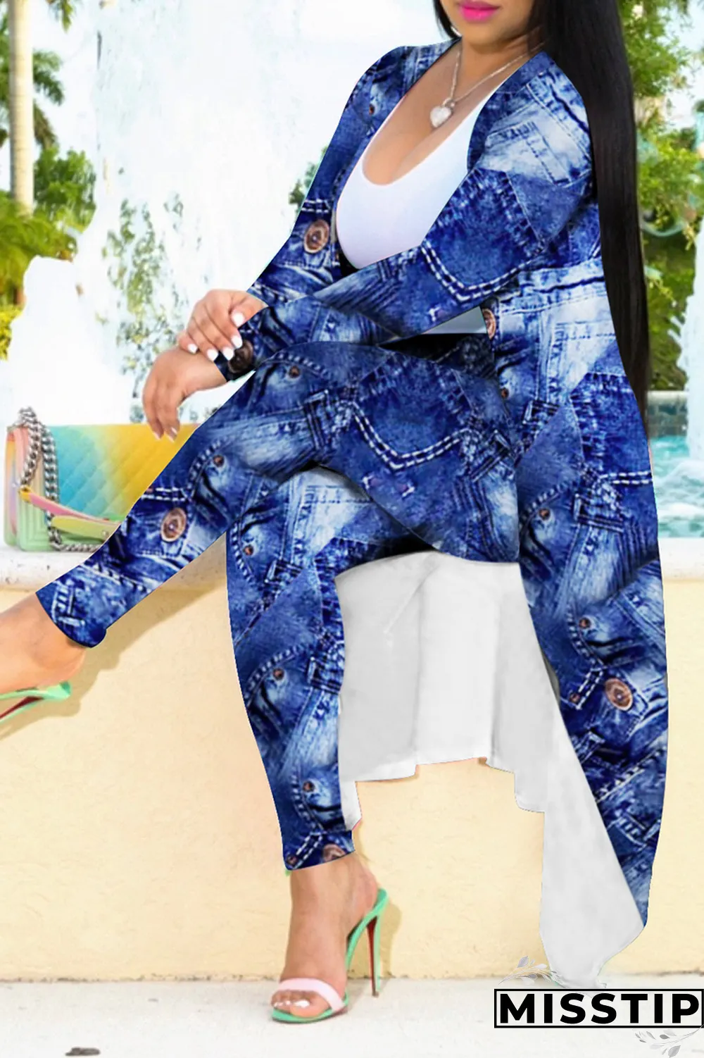 Blue Sexy Print Patchwork Long Sleeve Two Pieces