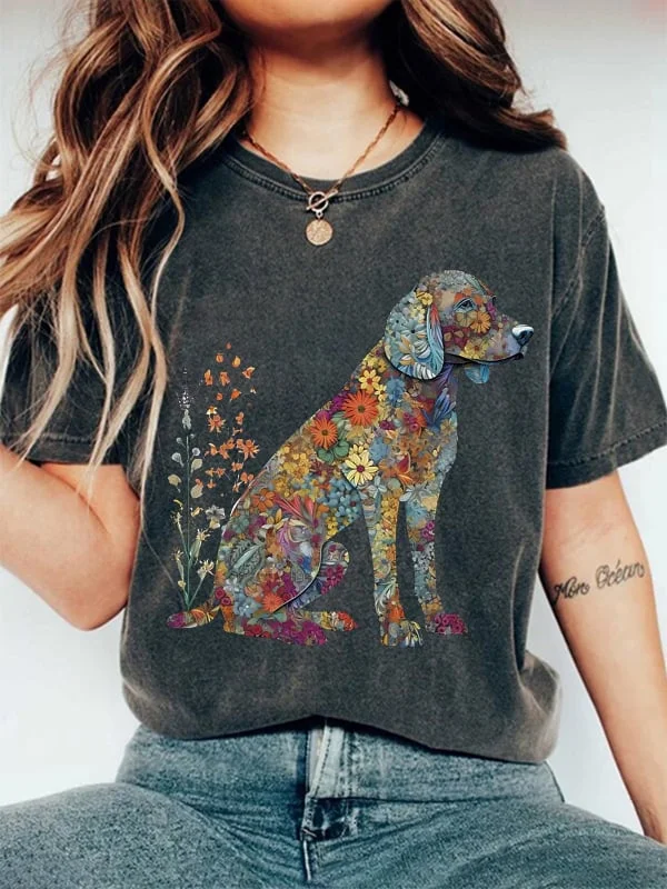 Women's Cute Flower Dog Print T-shirt