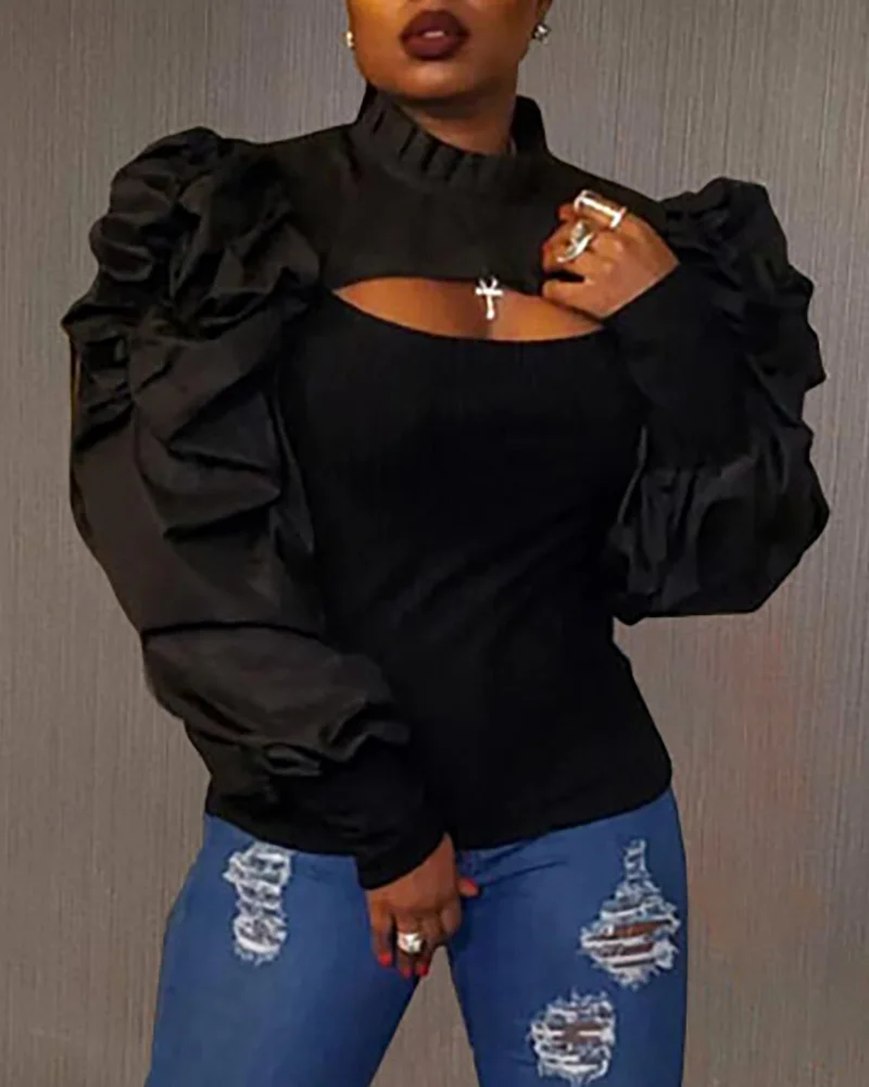 Plain Puff Sleeve Cutout Top