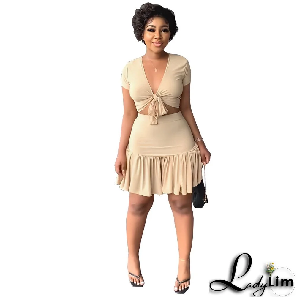 V Neck Short Sleeve Lace-Up T-Shirt Ruffle Skirt Casual Holidays Two-Piece Set
