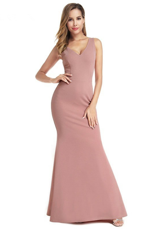 Stunning Pink V-Neck Sleeveless Mermaid Evening Prom Dress - lulusllly