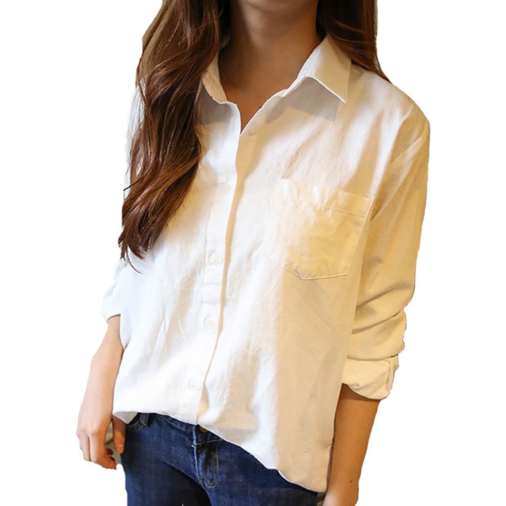 2021 Women'S Spring White Long Sleeve Korean Loose Leisure Pure Color Shirt