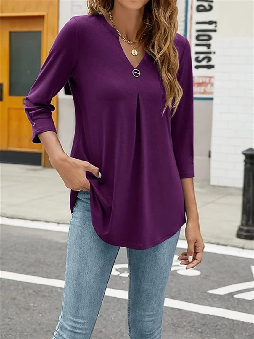Women's 3/4 Sleeve V-neck Button Pleated Tops