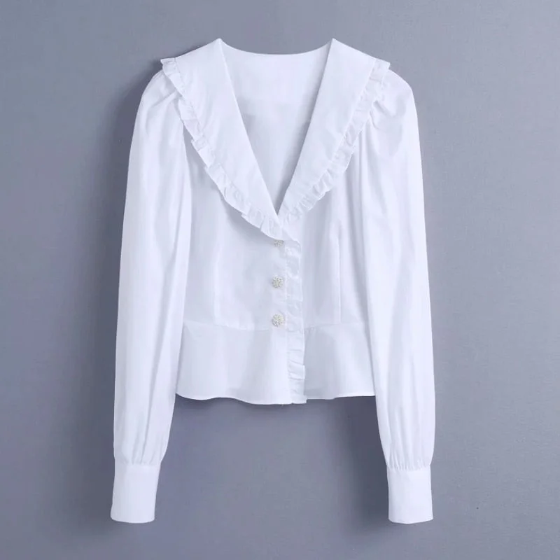 Spring Women V Neck Button Decoration White Shirt Female Puff Sleeve Blouse Casual Lady Loose Tops Blusas S8665