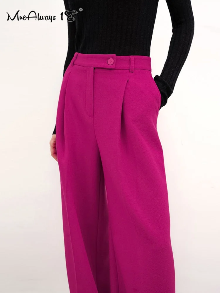 Huibahe Rose Pink Elegant Pleated Pant Women Spring 2023 High Waisted Wide Legs Pants Casual Ladies Office Floor-Length Pant