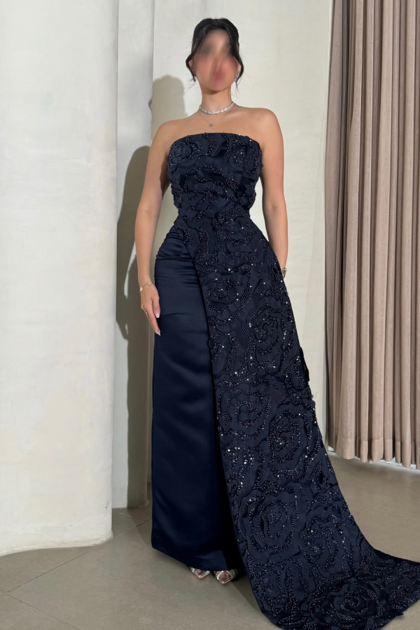 Graceful Dark Navy Straight Across Beadings Sleeveless Prom Dress With Side Train YK0013